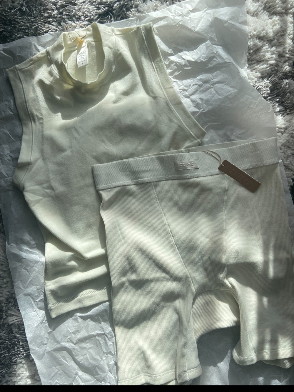 SKIMS Cream Ribbed Tank and Biker Shorts Set - Picture 1 of 2
